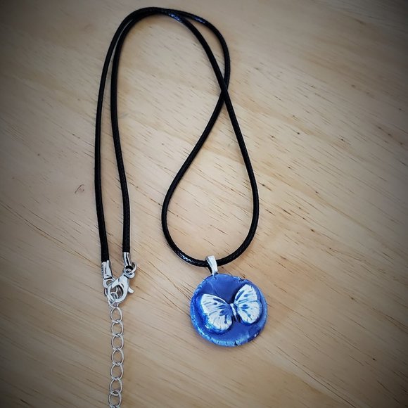Handmade Ceramic Blue Butterfly Pendant Necklace - Picture 6 of 7